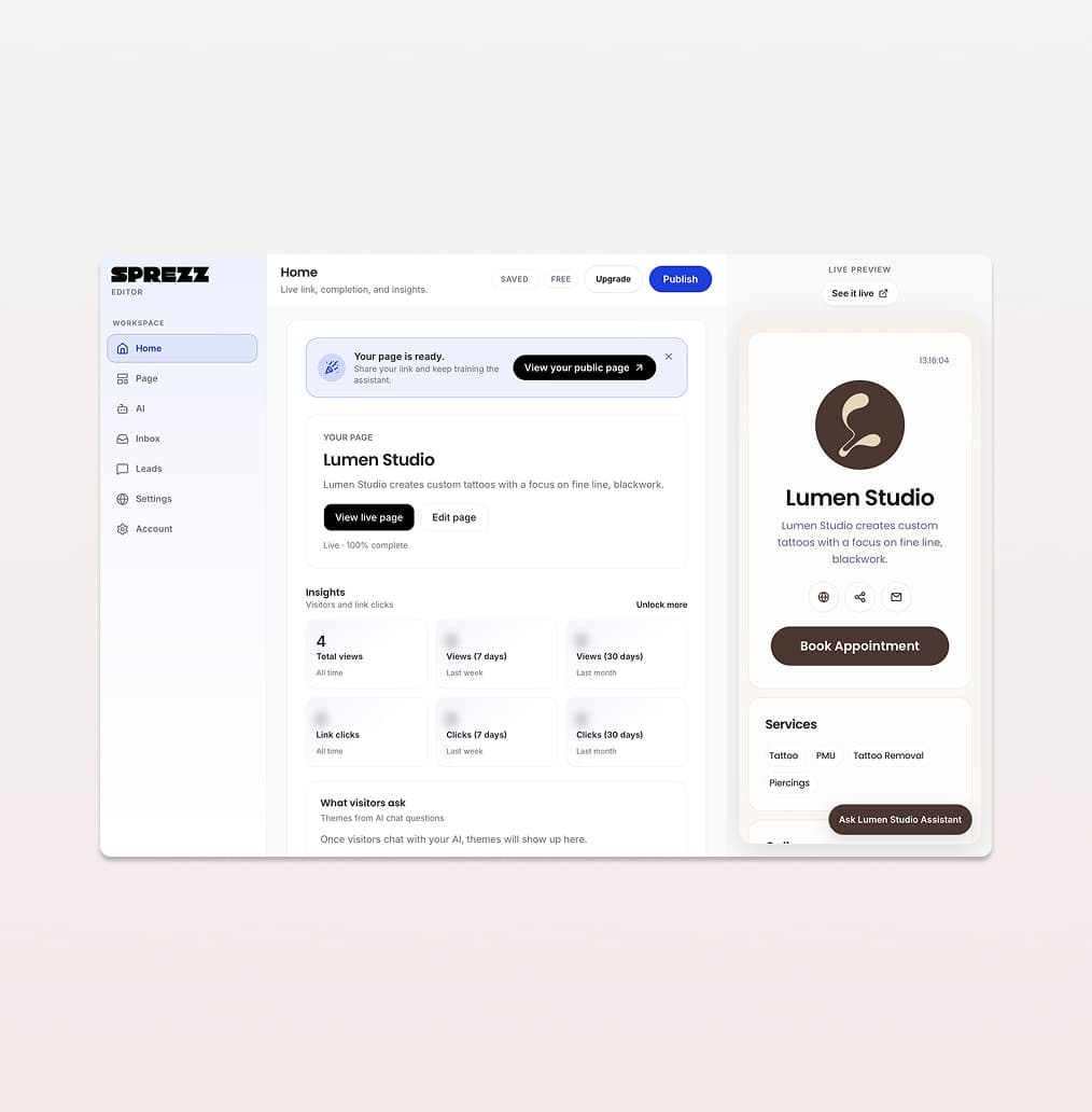 Sprezz CMS editor with live phone preview for Lumen Studio